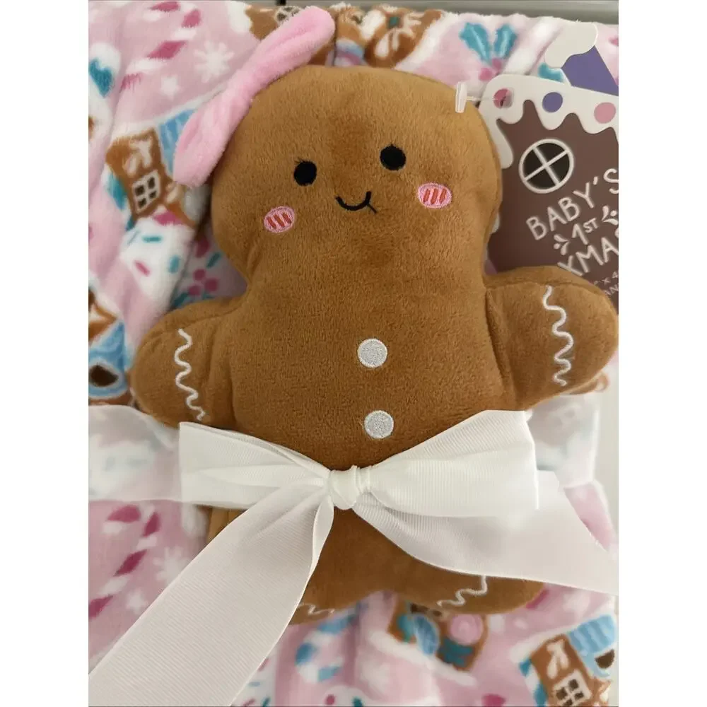 Gingerbread Baby Blanket & Plush Toy Doll Pillow 2Pc Gift Set My First Christmas